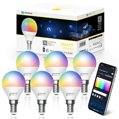 Image of Aigostar Smart Bulb E14, Alexa Bulbs, WiFi Light 6.5W RGBCW LED Colour Changing Compatible with Amazon and Google Home, Dimmable, No Hub Required, Energy Saving, 6 Pack