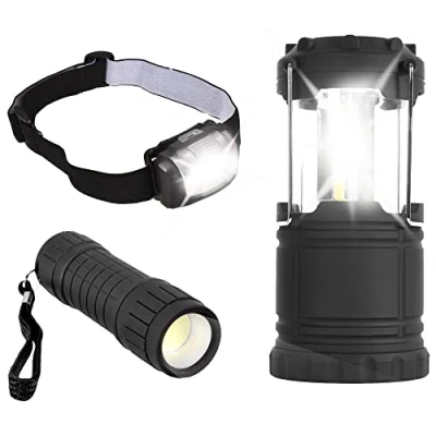 Image of ASAB COB LED Light Set Battery Powered Outdoor Indoor Lights Easy to Carry Lantern Portable Ultra Bright Torch with Head Lamp for Emergency Camping Hiking Fishing Hunting Climbing