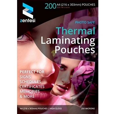 Image of Zentesi A4 Laminating Pouches High Gloss Laminator Sleeves 250 Micron (125 + 125 Microns) Glossy Laminate Pouch Sheets Pack of 200
