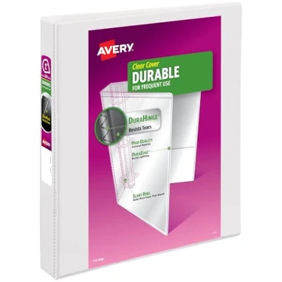 Image of Avery Durable View 3 Ring Binder, 1 Inch Slant Rings, White Binder (17012)