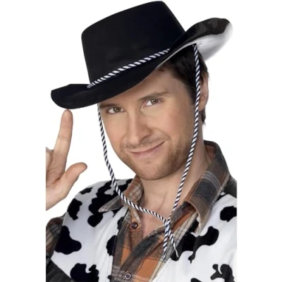 Image of Smiffys Cowboy Hat, Flocked Plastic, Black with Cord, Cowboys and Indians Fancy Dress, Dress Up Hats
