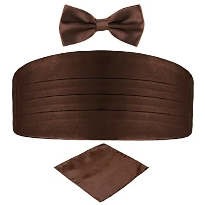 Image of DonDon Men&#039;s triple pack with colour coordinated cummerbund bow tie breast pocket handkerchief perfect for special occassions Brown