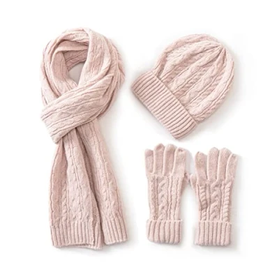 Image of Villand 3 in 1 Womens Wool Hat Gloves &amp; Scarf Winter Set, Piece Cable Knitted Beanie for Women with Gift Box (Rose)