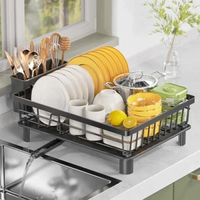 Image of LIONONLY Dish Drainer Rack with Drip Tray,Detachable Large Drying for Kitchen,Stainless Steel Draining Board Utensil Holder,Swivel Drainage Spout,Kitchen Sink
