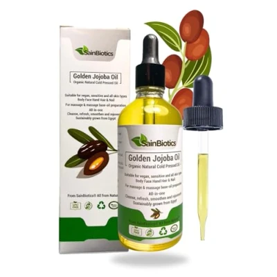 Image of Sainbiotics™ 100ml Organic Golden Jojoba Oil Natural Unrefined Cold Pressed Unscented Suitable For Vegan All Skin Types Face, Body, Hand, Hair, Beard &amp; Nail