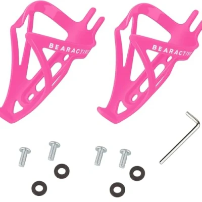 Image of Bearactive 2 Pack Bike Bottle Holder with Fittings 4 Screws, Washers and 1 Wrench Quick Easy Install Lightweight Plastic Cages for Road Mountain Bikes Pink (Pink)