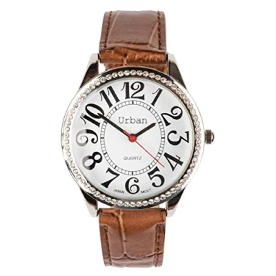 Image of Artist Unknown Urban Ladies Silver Diamante Large Dial Brown PU Leather Strap Wrist Watch Analog Japanese Quartz Extra Battery