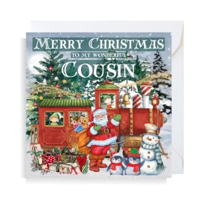 Image of Second Ave Cousin Christmas Train Santa Snowman Children&#039;s Kids Square Xmas Holiday Festive Greetings Card