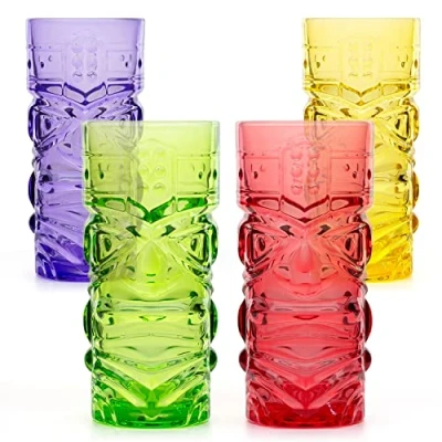 Image of CKB LTD Pack of 4 Coloured Tiki Bar Cocktail Glasses Tall Tumblers Ideal for Hawaiian Party Rum Based Mixed Drink MAI Tai Long Island Iced Tea or Zombie Cocktails 450ml Set