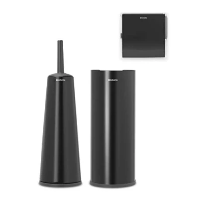 Image of Brabantia 3 Piece Toilet Accessory Set Brush &amp; Holder, Roll Holder Dispenser (Drill/No Drill Wall Mounting) Matt Black