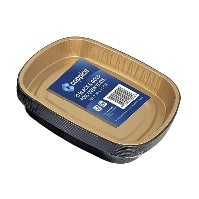 Image of Coppice Strong Gold &amp; Black Aluminium Foil Trays for Baking, BBQ, Roasting Serving Freezer, Microwave Oven Safe 10 Pack (Medium)