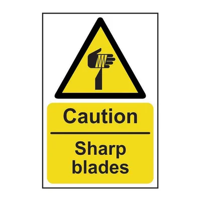 Image of Spectrum Industrial 13988 Caution Sharp Blades Safety Sign, Non Adhesive Rigid 1mm PVC Board, 200mm x 300mm, Multi Colour, 200 300 mm