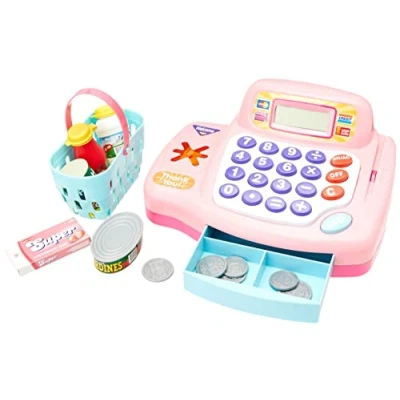 Image of PETERKIN CLASSICS Children&#039;s Electronic cash Register 24cm Pink with working calculator, drawer and accessories RolePlay Toys Ages 3+