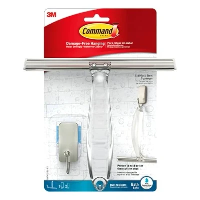 Image of Command Stainless Steel Shower Squeegee and Satin Nickel Hook with 2 Water Resistant Strips Ideal for Mirror, Tile &amp; Glass Door Damage Free Hanging, Packaging may vary