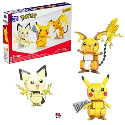 Image of MEGA Pokémon Action Figures Toy Building Set, 4 Inch Pikachu, Raichu and Pichu Build n Show Pikachu Evolution Trio with Poke Ball Pin