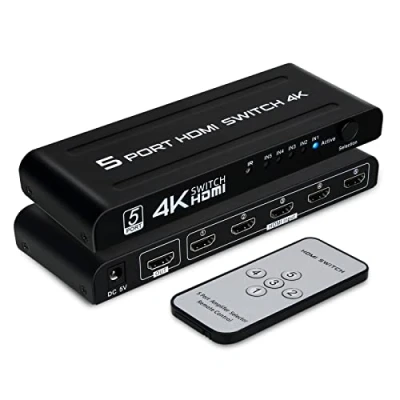 Image of HDMI Switch 5 in 1 Out, Port Switcher Box Splitter with IR Remote Control, Support 4K@30Hz, HDR, HDCP, 3D, 1080P HDTV PS3 PS4 Xbox Projector Blu ray Player+UK Power Supply