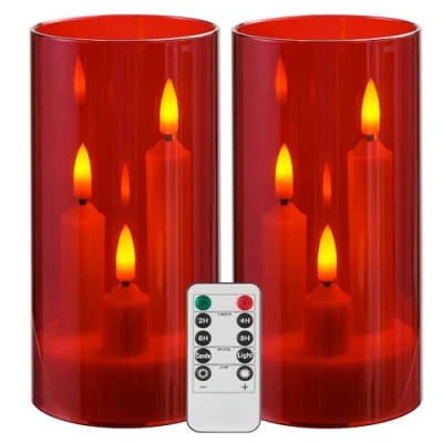 Image of Da by Flameless Candle, Battery Powered Candle with Remote Control and Timer, LED Three Wick Pillar Romantic Wedding, Perfect Home Décor, 2 Pack (Red)