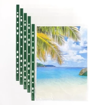 Image of Noti Plastic Wallets A4, Standard Glass Clear Punched Polly Pocket, Green Spine, Document Sleeves (Pack of 200pcs)