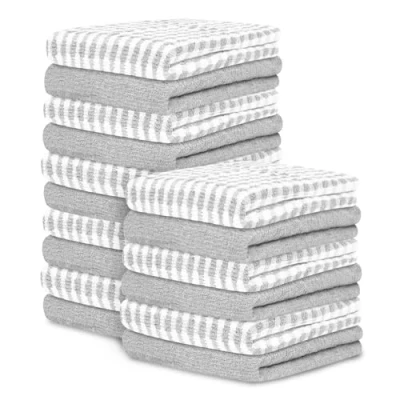 Image of Large Tea Towels Pack of 16 46 x 65 Cm Silver Check Bar Kitchen Set Absorbent Chef Towel Dish Cloths For Washing &amp; Cleaning 35% Polyester, 65% Cotton