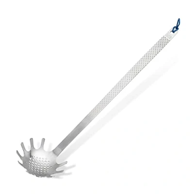 Image of Tasty Stainless Steel Spaghetti Server, Heat Resistant Spoon with Handle &amp; Silicone Loop, Portioner Pasta Dishwasher Safe, Dimensions: 29.5x7cm, Colours: Silver Blue