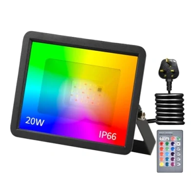 Image of Phlbao 20W LED Floodlight Outdoor, 220V Colour Changing Flood Lights with Remote Control, 16 RGB Colours, Timing, 4 Modes, IP66 Waterproof