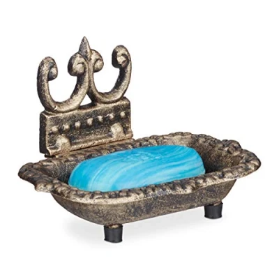Image of Relaxdays Antique Dish, Cast Iron, Massive, Ornate, with Feet, Hand Soap, HxWxD: 10 x 15 11.5 cm, Bronze, cm