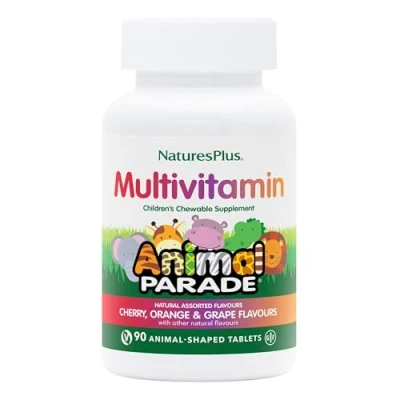 Image of NaturesPlus Animal Parade Children’s Multivitamin Natural Assorted, Cherry, Orange, and Grape Flavours, Chewable Shaped Tablets Gluten Free (90, Assorted Flavours)