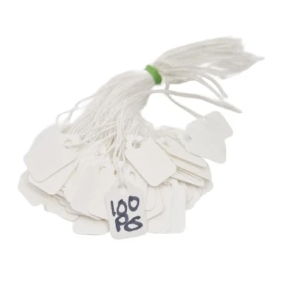 Image of Swift Strung Tags White Card Clothing Parcel Label String Hanging Gift Swing Tickets Kraft Hang Price Labelling 25mm x 15mm (Pack of 100)