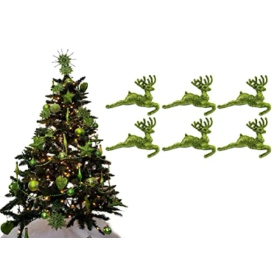 Image of Pack of 6 Hanging Glitter Reindeer Christmas Tree Decorations 2.2cm x 9.5cm (Lime)