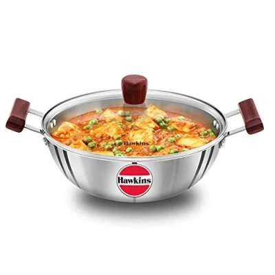 Image of Hawkins Tri Ply Stainless Steel Induction Compatible Deep Kadhai (Deep Fry Pan) with Glass Lid, Capacity 4 Litre, Diameter 28 cm, Thickness 3 mm, Silver (SSK40G)