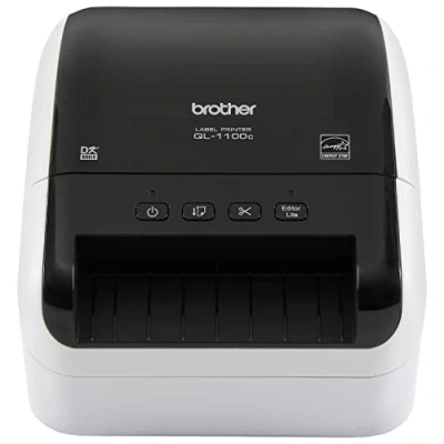 Image of Brother QL 1100 Label Maker, USB 2.0, Shipping &amp; Barcode Printer, Desktop, Up to 4 inch Wide Labels, Includes 41 x Large Labels 62mm Continuous Tape Roll, UK Plug