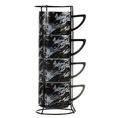 Image of Winlauyet 200ml Set of 4 Porcelain Cappuccino Espresso Cups with Chrome Rack Holder Coffee Tea Cup (Black)