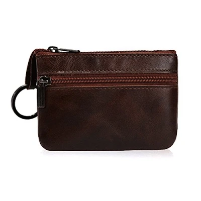 Image of Hibate Women&#039;s Mini Coin Purse Wallet Genuine Leather Zipper Pouch with Key Ring Brown_Deep
