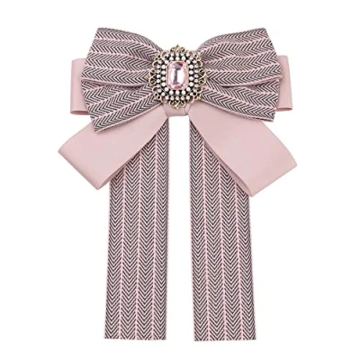 Image of Elerevyo Bow Ties Striped Pre Tied Long Tail Ribbon Brooch Pin for Women Fashion Pink One Size