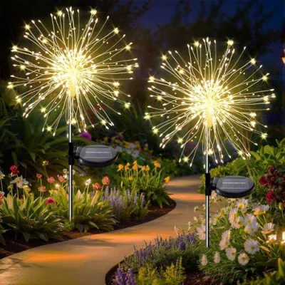 Image of Dekofun Solar Lights Outdoor Garden 2 Pack 120 LED Firework Lights, 8 Lighting Modes Starburst Waterproof Dandelion for Landscape Lawn Backyard Warm White