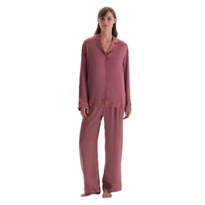 Image of Dagi Women&#039;s Regular Waist Lace Detailed Woven Trousers Pyjama Bottom, Dusty Rose, 10
