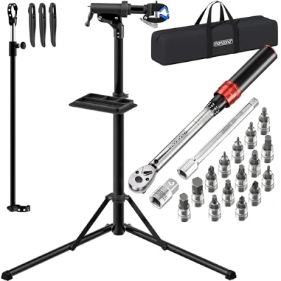 Image of MONZANA® Bike Maintenance Stand 50 kg Capacity with 1/4&#039; Drive Torque Wrench Set Professional E Compatible Foldable, Carrying Bag, Tyre Levers 1 25 Nm Including Transport Box