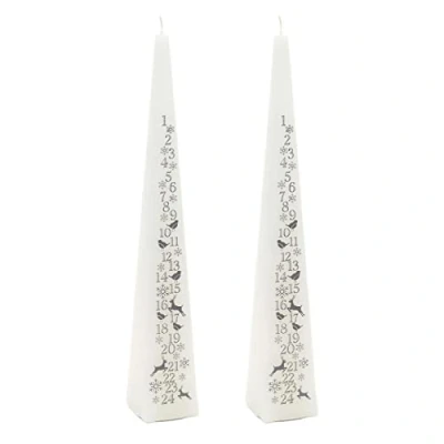 Image of Pack Of 2 Large Traditional Countdown To Christmas Pyramid Advent Candle White &amp; Silver With Numbers Festive