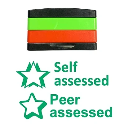 Image of Self assessed and Peer inking, 2 Layer, Stacking Teacher Stamps, Pre inked for Feedback Marking. Green Ink