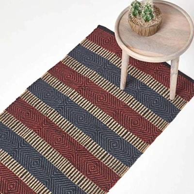 Image of HOMESCAPES Modern Jute Floor Runner Rug Red, Blue and Black Striped Geometric Design 66 x 200 cm Heavy Duty Suitable for Halls, Living Rooms or Conservatories