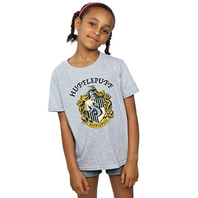 Image of Harry Potter Girls Hufflepuff Crest T Shirt Sport Grey 5 6 Years