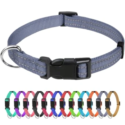 Image of TagMe Reflective Nylon Dog Collars, Adjustable Classic Collar with Quick Release Buckle for Puppy, Grey, 1.0 cm Width