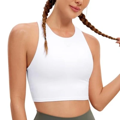 Image of CRZ YOGA Women&#039;s Butterluxe Racer Back Padded Sports Bra High Neck Longline Crop Top Gym Workout Tank Tops with Built in White 12