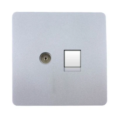 Image of Trendi Modern Glossy Tactile TV Co axial Socket + PC RJ45 Cat 5e &amp; 6 Ethernet Silver