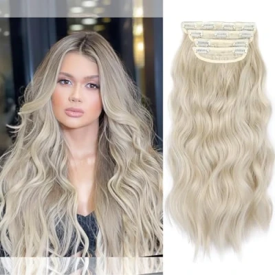 Image of 4Pcs Ash Blonde Clip in Hair Extension, Curly Extension in, 20 Inches Long Synthetic Extensions, Soft Wavy Pieces for Women Full Head (Ash Blonde, 4pcs)