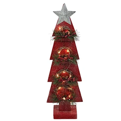 Image of SHATCHI Christmas Holiday Home Décor Battery Operated Wooden Tree Tabletop Centrepiece with Wreath and 15 Small Warm White Bulbs (Grey/Red/Green), 80cm, Wood, 25 x 10 80H cm