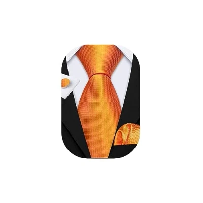 Image of Barry.Wang Orange Tie Set with Handkerchief Cufflinks Silk Party Necktie