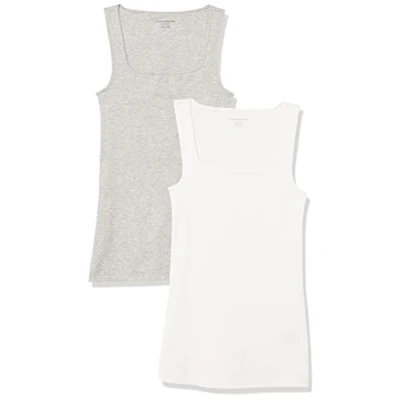 Image of Amazon Essentials Women&#039;s Slim Fit Square Neck Tank, Pack of 2, White/Light Grey Heather, XXL
