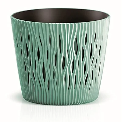 Image of Prosperplast Sandy Round Flower Pot Planter 2 in 1 incl. Plastic Plant (128 mm, Sage)