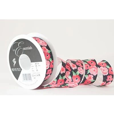 Image of Berisfords Satin Patterned Ribbon ‘Fleur’ Multicolour on Black 25mm Wide 20m Reel